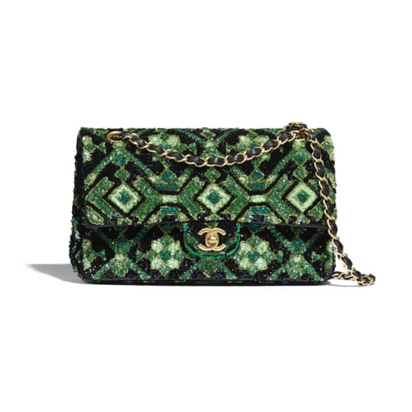 ★シャネル★ クラシック ハンドバッグ スパンコール グリーン A01112 B04832 NB248